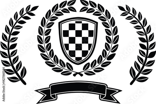 Black and White Racing Flags with Laurel Wreath Shields vector illustration 