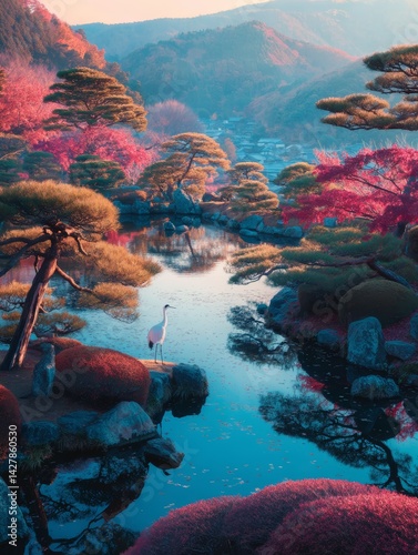 Serene Japanese Garden with Calm Pond and White Crane at Dawn