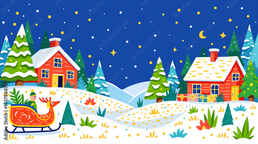 Fototapeta premium Illustration of winter landscape at Christmas time.