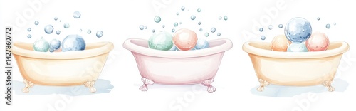 Three Bathtubs Filled with Bubbles and Colorful Balls