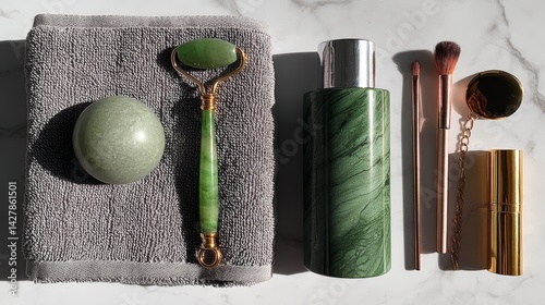 Jade Roller and Skincare Products on Gray Towel in Flat Lay Top View Arrangement