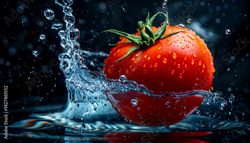 A 4k horizontal red tomato splashing water by falling on it in a dark setting with water ripples.