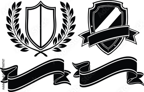 Black Shields and Banners Laurel Wreath Elements vector illustration