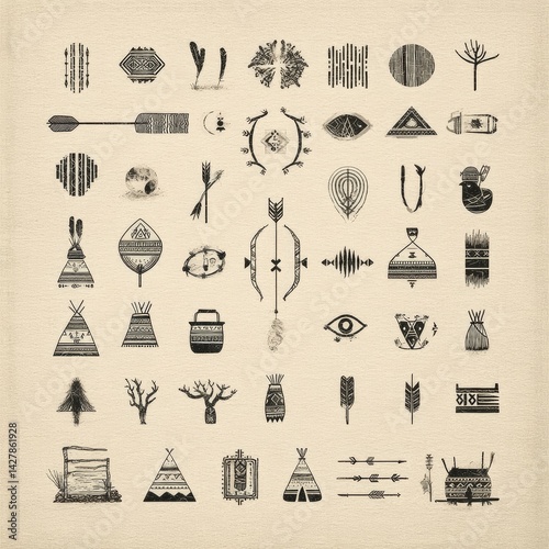 Intricate Black Geometric Tribal Patterns and Peaceful Designs on Vintage Background