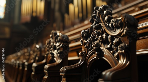 Intricate carvings adorning wooden pews in a grand cathedral. Ai generative