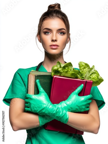 Student Nurse Holding Books and Fresh Produce in Green Scrubs with Gloved Hands