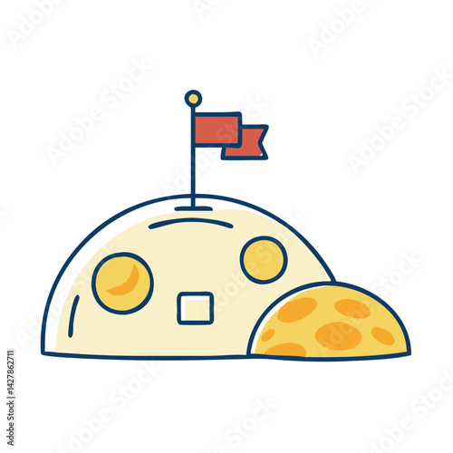 Cartoon Mars colony with flag on cheese-like surface  