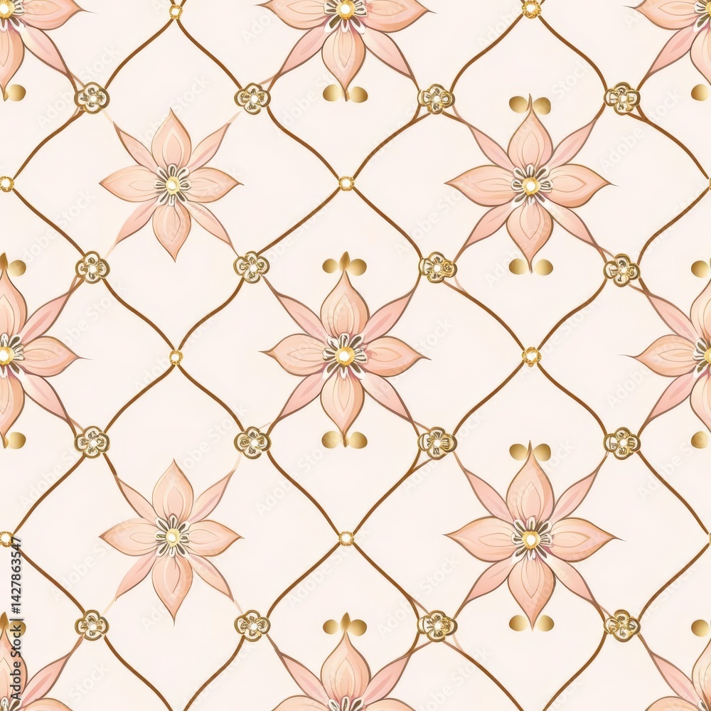 Fototapeta premium Elegant floral pattern with gold chains on a pink background.