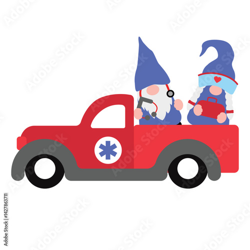 Cute Cartoon Gnomes with Ambulance car, Vector illustration