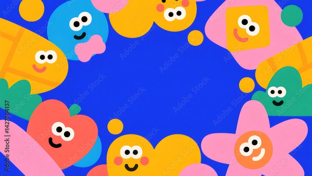 カラフルなキャラクターのイラスト背景デザイン 幸せな顔と様々な形が 青色の背景に配置されています カラフルなキャラクターのイラスト背景デザイン 幸せな顔と様々な形が 青色の背景に配置されています