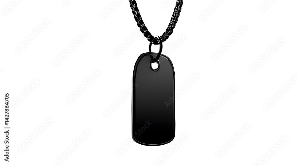 Fototapeta premium Isolated black dog tag pendant hanging from a chain, captured against a solid black studio background