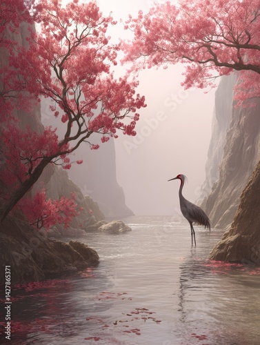 Serene Garden with Reflective Pond and Blooming Cherry Blossom Trees