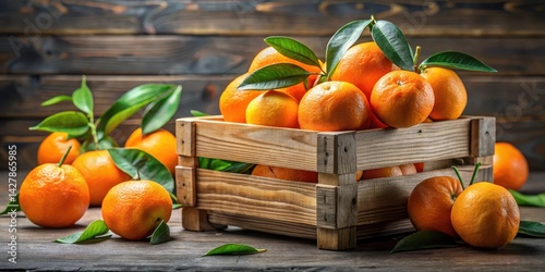 A bunch of oranges with green leaves on top, surrounded by a wooden crate or basket, with some oranges partially peeled