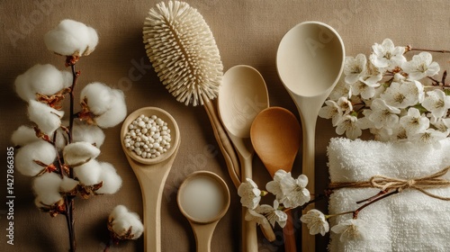Natural Beauty Treatment Layout with Wooden Tools, Cotton, and Floral Elements
