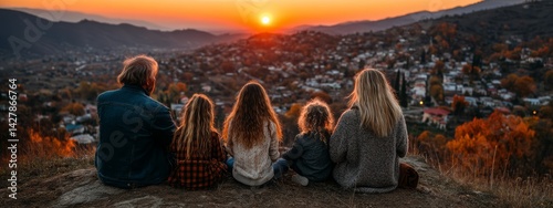 Family Enjoying a Relaxing Sunset View on a Hillside with Children in Autumn Landscape