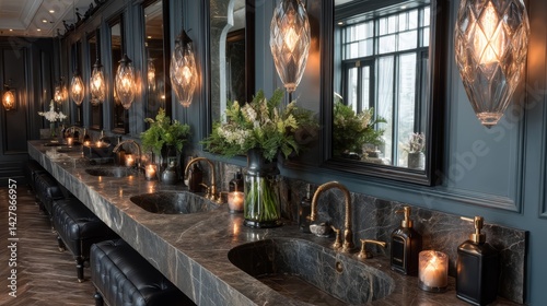 Vintage Bathroom Design with Elegant Lighting and Dark Marble Accents