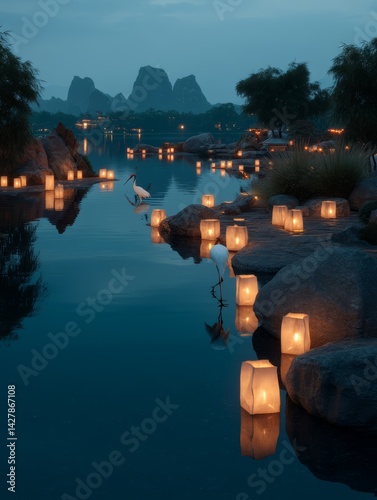 Tranquil Garden Scene at Twilight with Glowing Lanterns by Serene Water