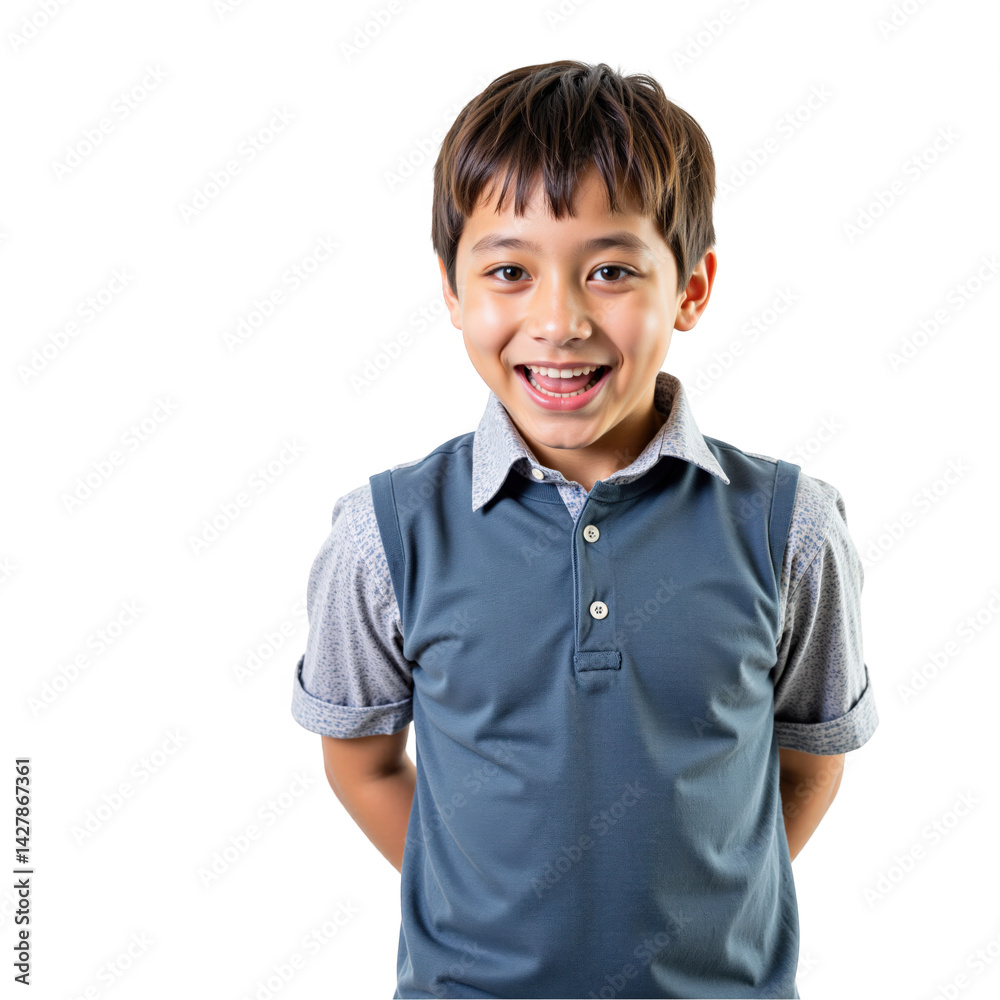 Joyful Young Asian Boy Wearing a Blue Shirt with Short Sleeves, Smiling Brightly Against a transparent background Joyful Young Asian Boy Wearing a Blue Shirt with Short Sleeves, Smiling Brightly Against a transparent background