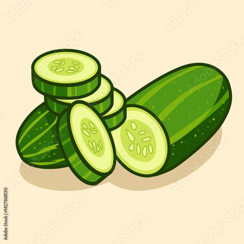 Fresh Cucumber Vector Illustration Sliced Green Vegetable