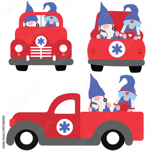 Cute Cartoon Gnomes with Ambulance car, Vector illustration