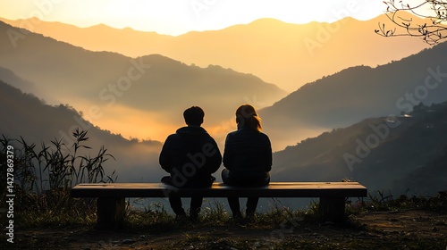 Couple enjoying a sunset view in nature. photo