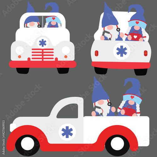 Cute Cartoon Gnomes with Ambulance car, Vector illustration