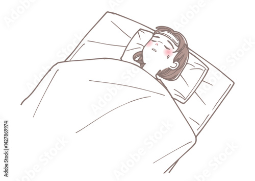 熱を出して寝ている小さな女の子のイラスト