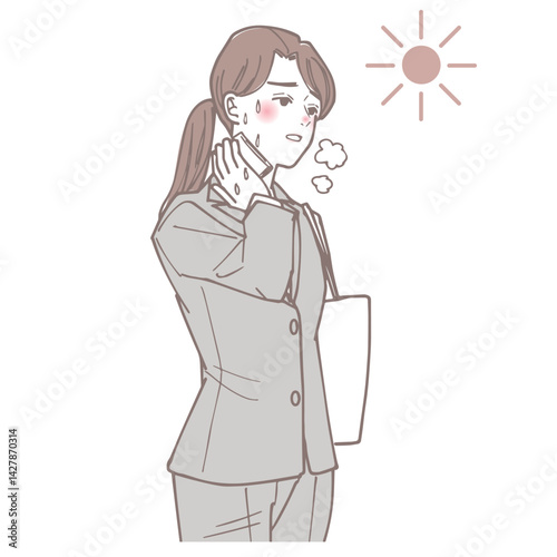 太陽の下で汗を拭いている女性のイラスト