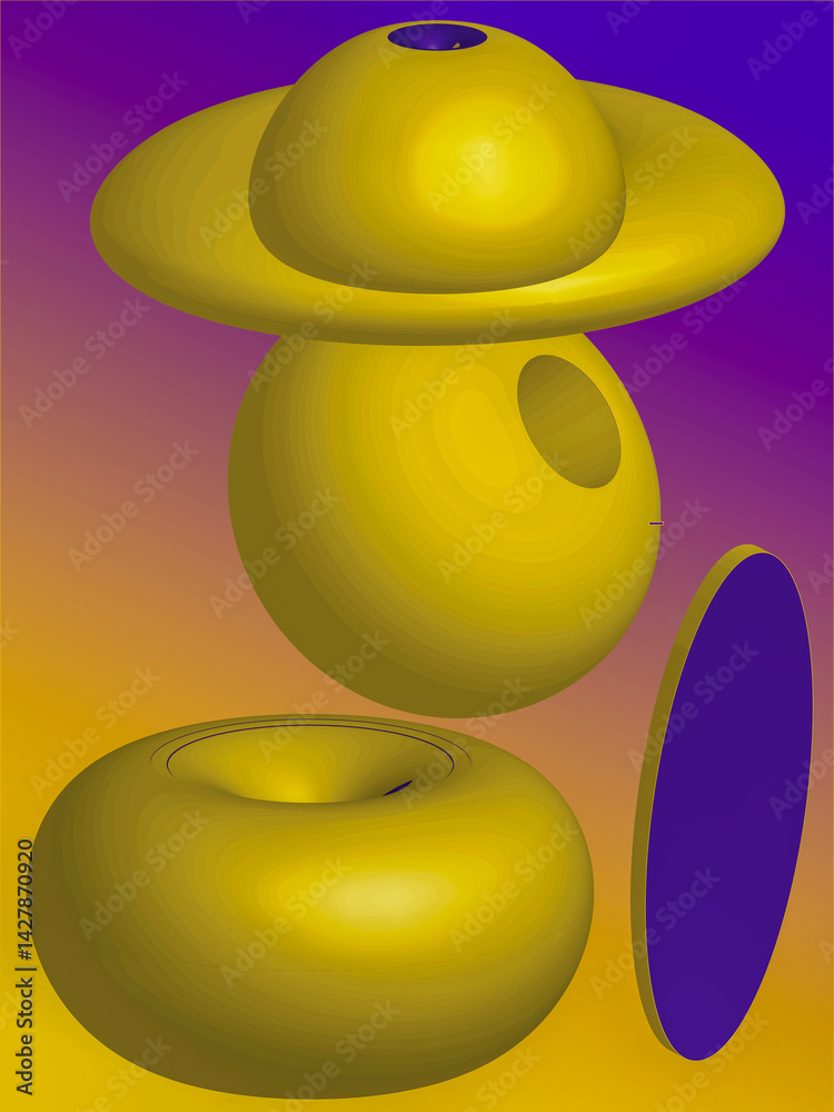 Vibrant 3D geometric shapes in yellow and purple. Ideal for textbooks, design articles, illustrating space, volume, and abstract concepts