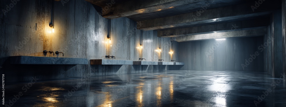 Industrial Kitchen Interior with Exposed Structure and Unique Lighting Features Industrial Kitchen Interior with Exposed Structure and Unique Lighting Features