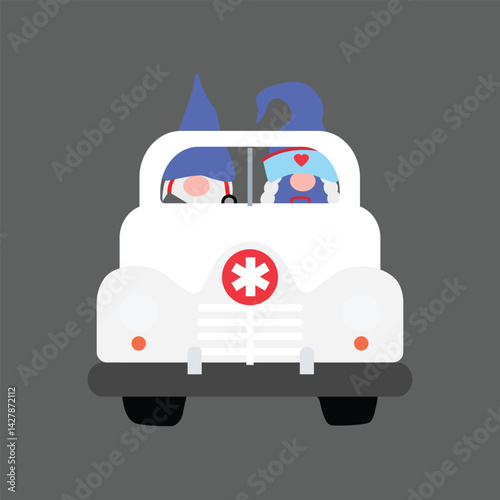 Cute Cartoon Gnomes with Ambulance car, Vector illustration