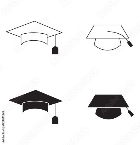 Academic graduation cap icon set  . Graduation student black cap and diploma.