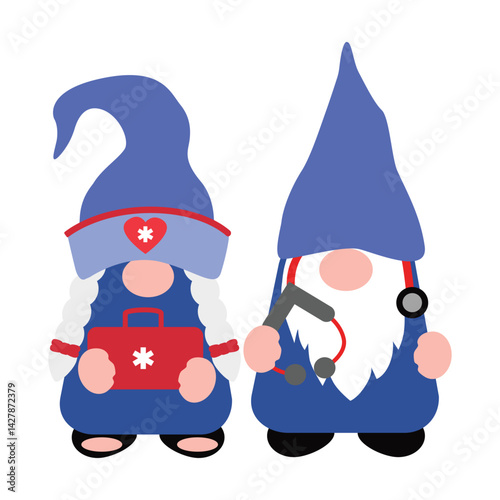 Cute Cartoon Gnomes with Ambulance car, Vector illustration