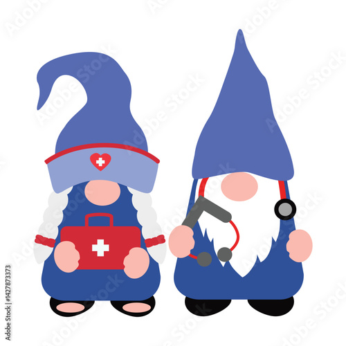 Cute Cartoon Gnomes with Ambulance car, Vector illustration