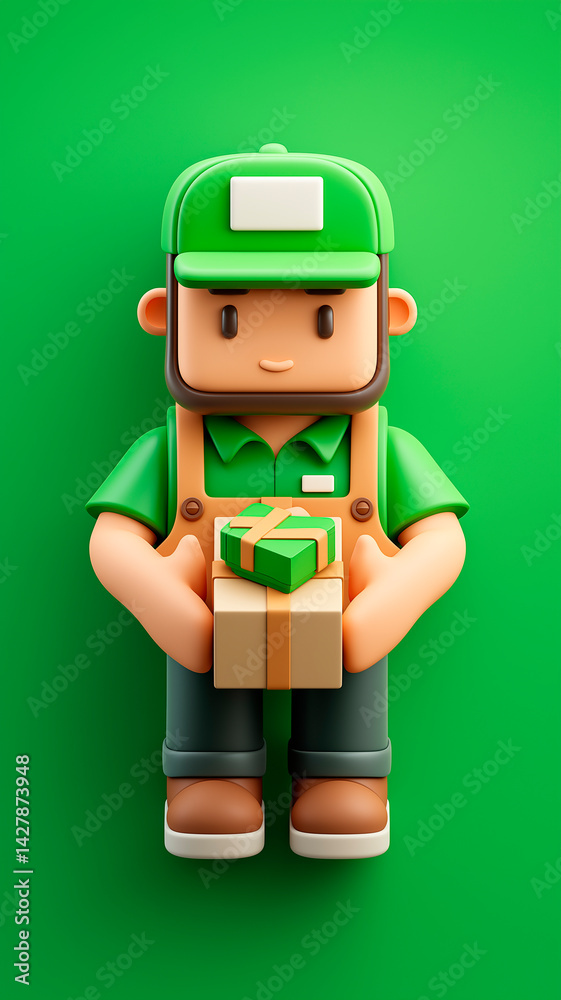 Obraz premium 3D Illustration of a Cute Delivery Courier in Green Uniform Holding a Parcel on Green Background – Isometric Style Character Design for Logistics and Parcel Shipping Concept