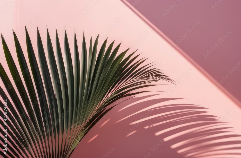 Fototapeta premium Tropical abstract pastel pink floral background with copy space. palm leaves shadow on pink wall 