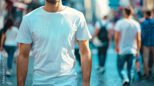 Young man in white t-shirt walking in the city.