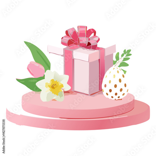 Happy easter pink pedestal product display stand or podium with gift box and egg and flower on pastel pink background.
