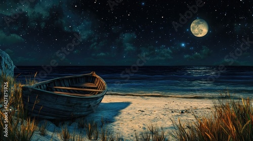 A serene night scene depicting a wooden rowboat resting on the shore