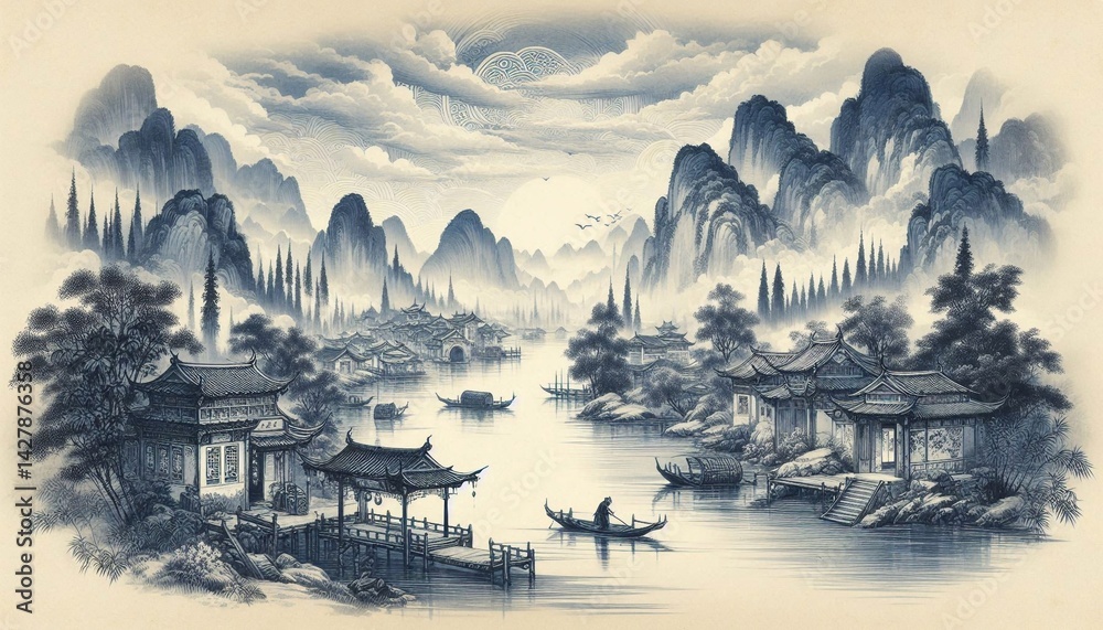 Fototapeta premium Chinese style ink and wash landscape with splashing white textures