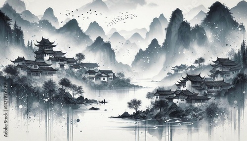 Chinese style ink and wash landscape with splashing white textures