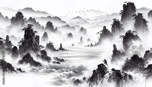 Chinese style ink and wash landscape with splashing white textures