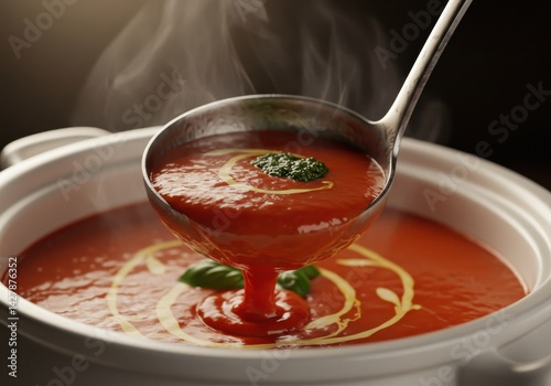 Ladle pouring creamy tomato soup from crockpot