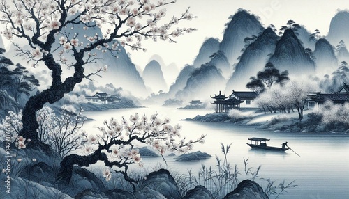 Chinese style ink and wash landscape with splashing white textures