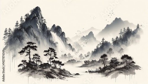Chinese style ink and wash landscape with splashing white textures