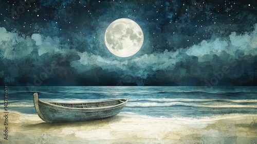 A serene night scene depicting a wooden rowboat resting on the shore
