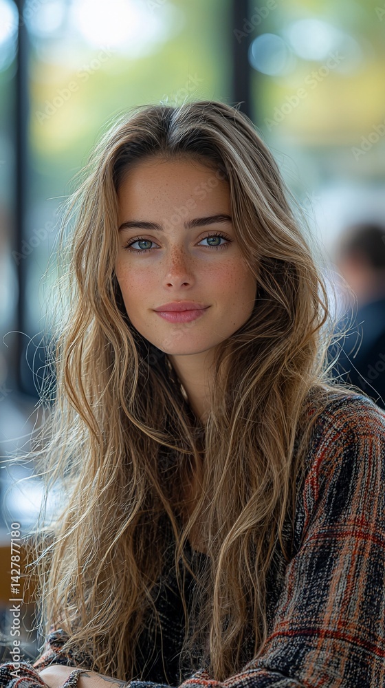 Woman smiling, cafe, autumn, blurred background, portrait Woman smiling, cafe, autumn, blurred background, portrait