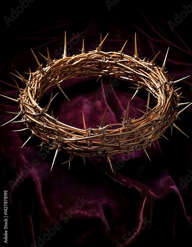 A visual contrast between soft dark velvet and the harsh crown of thorns.
