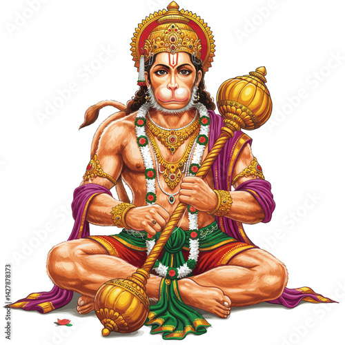 Hanuman depicted in a seated, peaceful meditation position, wearing ornate accessories and a vibrant outfit