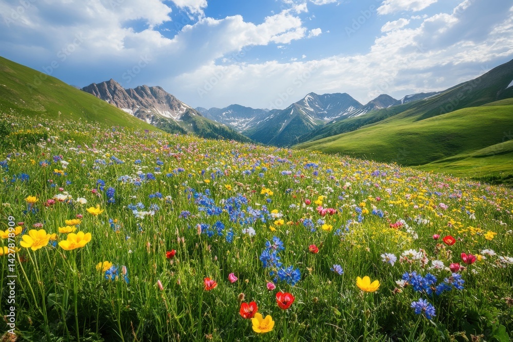 Fototapeta premium Colorful wildflower explosion in tranquil mountain meadow under bright midday sun for nature lovers and outdoor adventurers seeking vibrant landscape photography